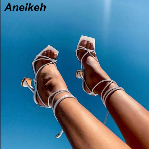 Aneikeh Summer Woman Shoes Sandals Basic Pu Fashion Cross-tied Spike Heels Lace-Up Party Pumps size 35- 41 Black White Apricot ► Photo 1/6