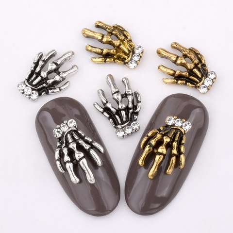 10pcs retro gold silver hand skeleton design nail ornaments, set charm rhinestone DIY nail accessories QB050-051 ► Photo 1/5
