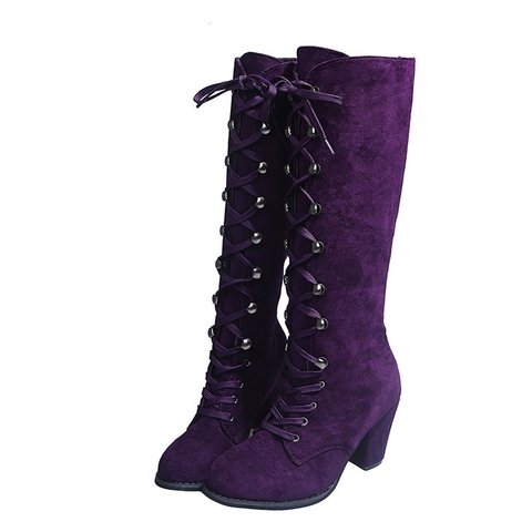 Winter Autumn Woman Knee High Boots Woman Long Boots Lace Up Fashion Sweet Woman Boots Daily Footwear 34-43 Purple Square Heel ► Photo 1/6