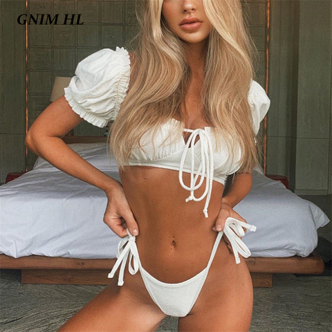 GNIM Bandage Bikini Swimwear Women 2022 Sexy Short Sleeve Brazilian Swimsuit Push Up New Swim Bathing Suit Women White Beachwear ► Photo 1/6