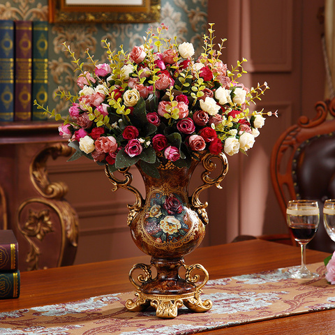 European Resin Vase+Artificial Flower Set Figurines Home Furnishing Decoration Crafts Livingroom Silk Fake Flower Pot Ornaments ► Photo 1/6