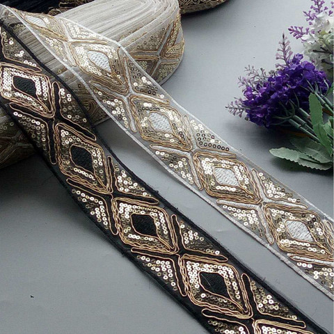 1 Yards White Black 45mm Ethnic Gold Thread Sequins Webbing Ribbon Tape Shoes Dress Embroidered Lace Trims DIY Sewing Accessorie ► Photo 1/1