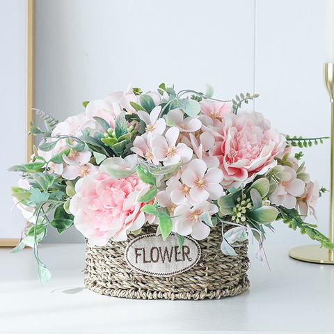 Rose Bouquet Artificial Peony Silk Flowers DIY Pink Hydrangea Plastic Fake Flowers Home Wedding Decoration Table Centerpieces ► Photo 1/6