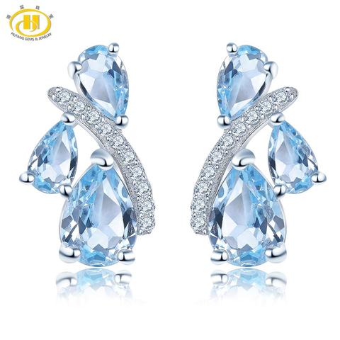 Hutang Blue Topaz Women's Stud Earrings Solid 925 Sterling Silver Natural Gemstone Fine Elegant Classic Jewelry for Personal ► Photo 1/6