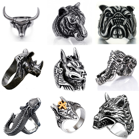 Ring For Men Gothic Punk  Retro Male Ring Adjusta Exaggeration Ferocious Snake Wolf Lion Tiger Bulldog Exquisite Alloy ► Photo 1/6