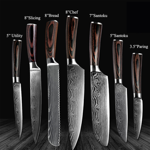 Kitchen Knife Set Stainless Steel Blades Damascus Laser Pattern Chef Knife Utility Paring Cooking Tools Kitchen Dropshipping ► Photo 1/6