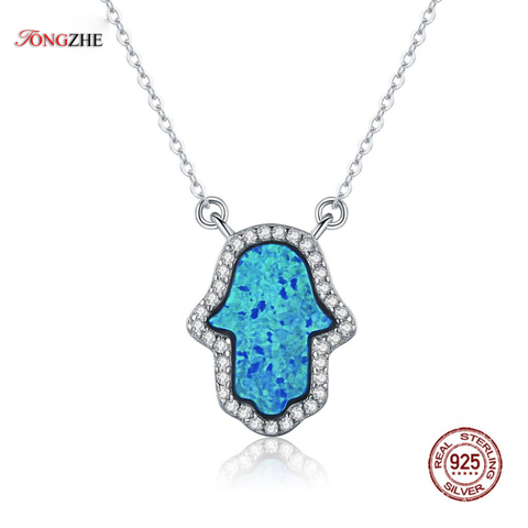 TONGZHE Luxury Opal Hamsa Hand Pendant Necklace Sterling Silver 925 Jewelry Necklace Women Cable Chain 16