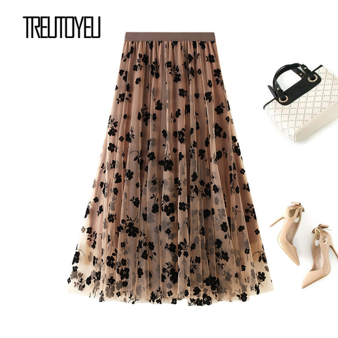 Treutoyeu Black Floral Flocked Tulle Long Skirt Female Spring Summer Elastic High Waist A Line Fairy's Mesh Skirts Womens 2022 ► Photo 1/6