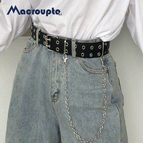 Fashion Harajuku Women Punk Chain Belt Adjustable Black Double/Single Eyelet Grommet Metal Buckle Leather Waistband For Jeans ► Photo 1/6