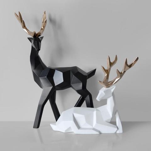 2Pcs Geometric Couple Deer Statue Elk Sculpture Figurine Home Living Room Holiday Decor ► Photo 1/6