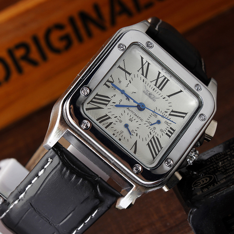 Creative Square Mechanical Watch Automatic Self-Winding Roman Numerals Leather Strap Wrist Watch Men Calendar Clock Gifts ► Photo 1/1