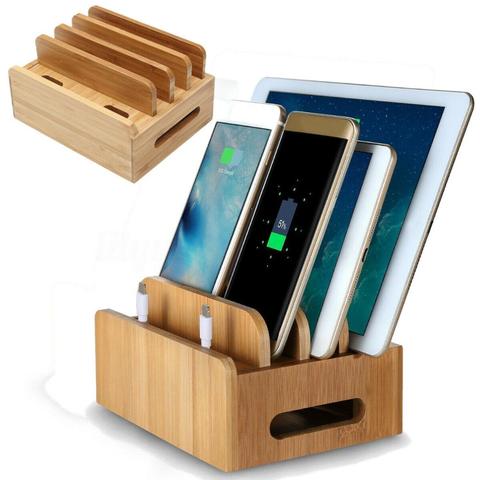 Bamboo Wooden Charging Dock Station Charger Holder Stand for iPhone iPad Kindle mobile phone Desktop Stand Wire management stora ► Photo 1/6