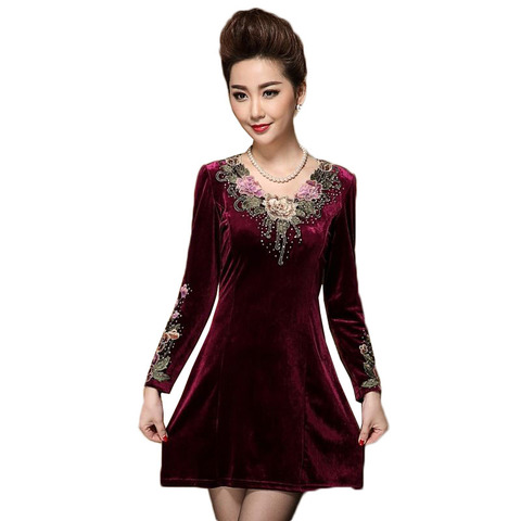 Plus Size 5XL Women's Gold Velvet Dress 2022 Spring Autumn Long-Sleeved Embroidered Dress Middle Aged Mother Elegant Dress W1754 ► Photo 1/6