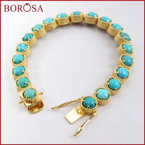 BOROSA 1/2PCS New Arrival Gold Color Round Twenty-Stone Natural Turquoises Bracelet Natural Blue Stone Bangle Jewelry ZG0338 ► Photo 1/6