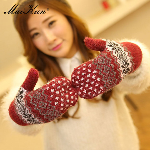 Maikun New Autumn And Wnter Gloves Ladies Double-Layer Plus Velvet Thick Warm Knitted Bag Finger gloves ► Photo 1/6