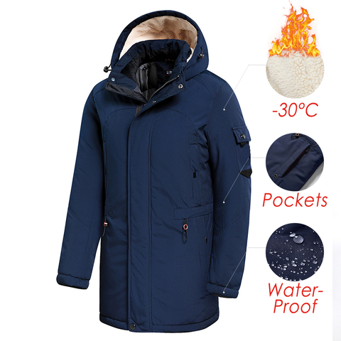 Men 2022 Winter New Casual Long Thick Fleece Hooded Waterproof Parkas Jacket Coat Men Outwear Fashion Pockets Parka Jacket 46-58 ► Photo 1/6