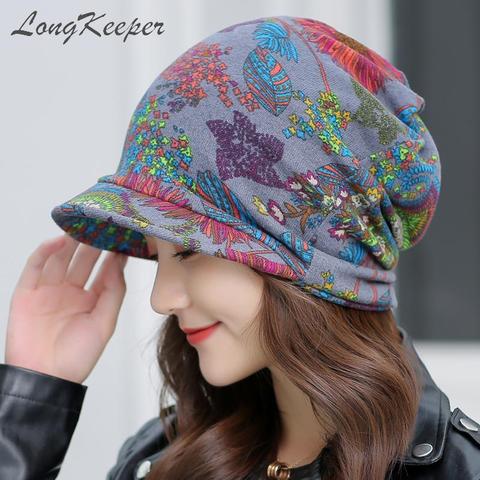 LongKeeper Women's Floral Visor Beanies Female Autumn Winter Ponytail Vintage Warm Fashion Hat Caps Free Shipping for Brazil ► Photo 1/6