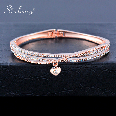 SINLEERY Small Heart Pendant 3 Layers Crystal Bangle For Women Rose Gold Silver Color Wedding Bracelets Jewelry SL477 SSF ► Photo 1/6