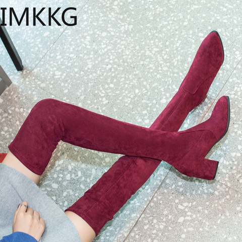 Women Over The Knee High Boots Hoof Heels Winter Shoes Pointed Toe Sexy Elastic Fabric Women Boots ► Photo 1/6