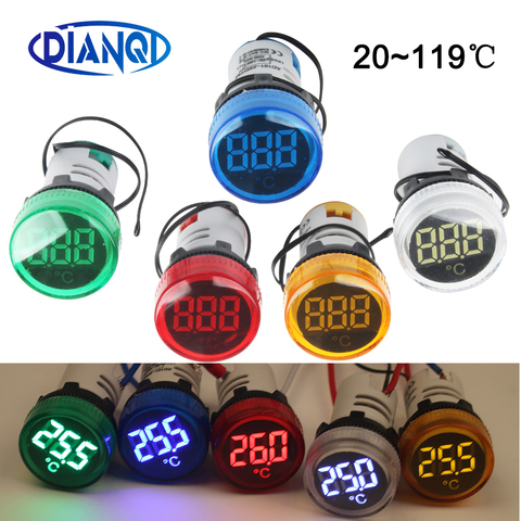 22mm Mini plastic LED digital thermometer  20-119 Celsius 50-380V AC Blue Red White Yellow Green pilot light temperature meter ► Photo 1/6