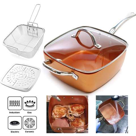 Ceramic Non-Stick Pan Copper Square Pan Induction Chef Glass Lid Fry Basket Steam Rack 4 Piece Set 9.5 Inches Used In Induction ► Photo 1/1