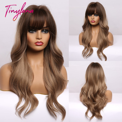 TINY LANA Long Ombre Black Brown Synthetic Wigs with Bangs Natural Wave  Hairstyle for Women Cosplay Party Heat Resistant Fiber ► Photo 1/6