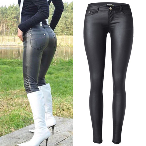 Women Low Waist Faux Pu Leather Pants Punk Gothic Lady Skinny Pencil Trousers Sexy Stretch Legging Slim Fit Plus Size street ► Photo 1/6
