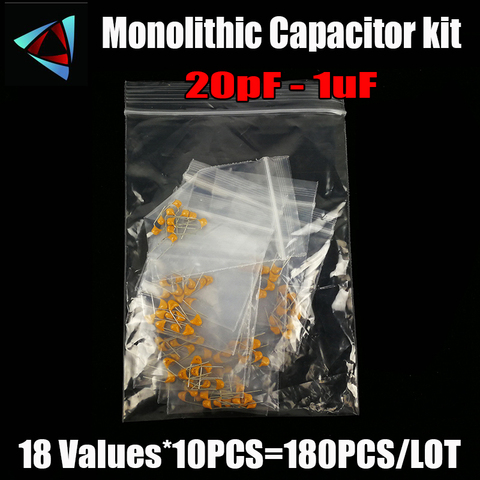 Monolithic Capacitor kit 20pF - 1uF 18values*10pcs=180pcs 105 474 334 224 104 473 333 223 103 472 102 15PF NF Assorted 5.08MM ► Photo 1/4