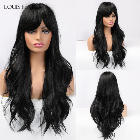 LOUIS FERRE Long Wavy Black Synthetic Hair Wigs with Bangs Cosplay Party Daily Heat Resistant Fibre for Women Afro Female Lady ► Photo 1/6