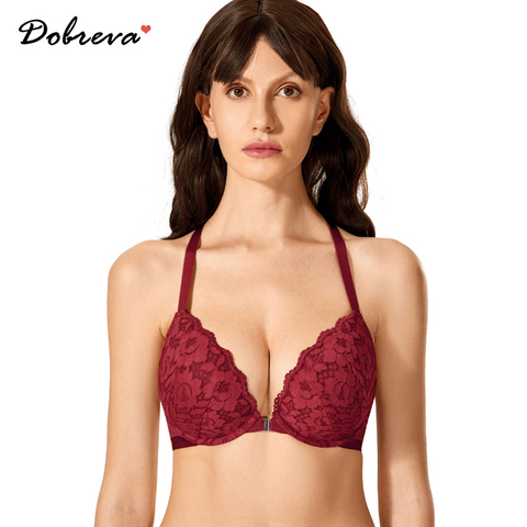 DOBREVA Women's Floral Front Closure Bra Lace Back Padded Push Up