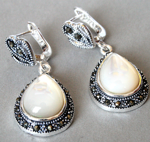 unique lady's 925 Silver Natural White Sea Shell Marcasite Waterdrop Earrings 11/2