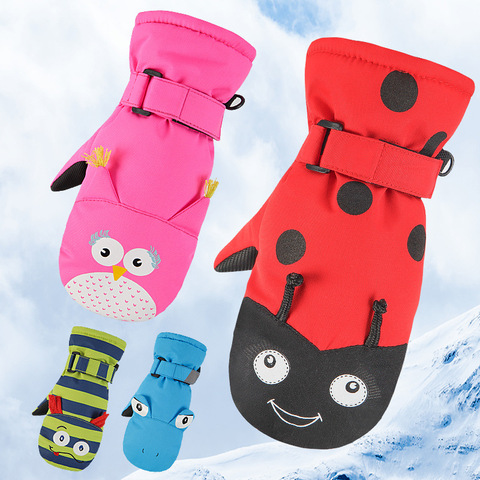 Cartoon Winter Snow Warm Ski Gloves kids baby Rope Snowmobile Mittens waterproof Snowboard Gloves for Girl Boy Beetle Pattern ► Photo 1/6
