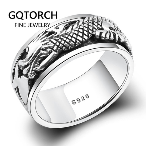 Real Pure 925 Sterling Silver Dragon Rings For Men Rotatable Transfer Luck Vintage Punk Retro Style Anel Masculino Aneis ► Photo 1/4