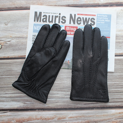 Men’s Black Buckskin Gloves Dark Brown Genuine Leather Fashion Soft And Durable Wool Lining Watermark Style Mittens ► Photo 1/6