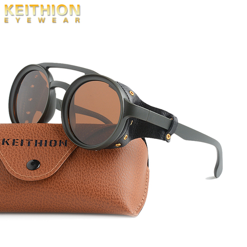 KEITHION Fashion Vintage SteamPunk Punk Style Round Polarized Sunglasses Leather Side Shield Brand Design Gradient Sun Glasses ► Photo 1/6