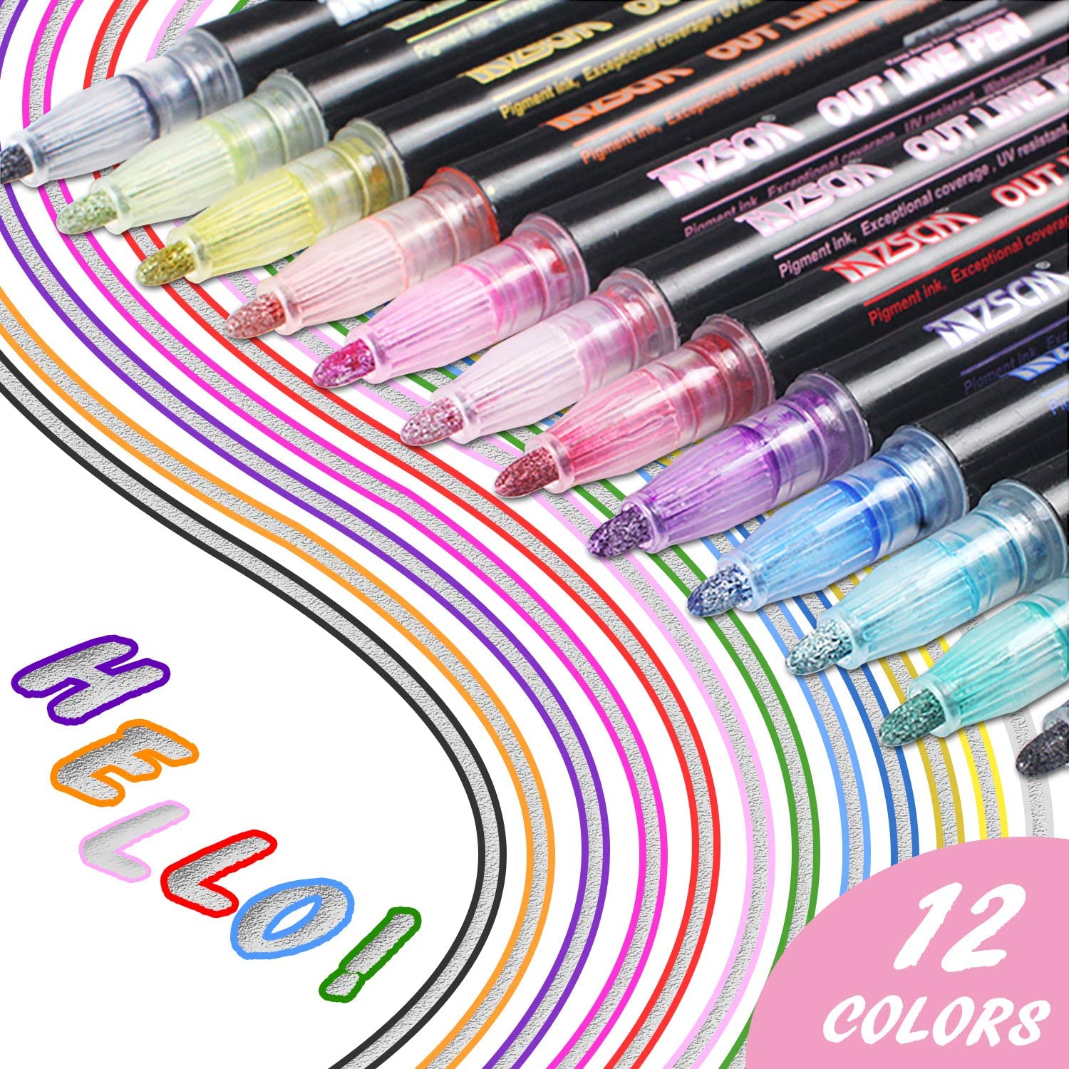 Aen Art Double Line Outline Pens, 26 Colors Shimmer Marker for