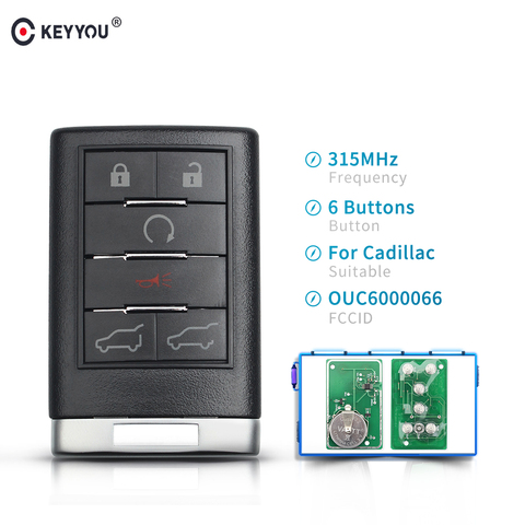 KEYYOU 6 Button Keyless Entry Remote Control Key Fob 315MHZ for Cadillac Escalade STS CTS DTS 2008- 2011 Car Key FCC: OUC6000066 ► Photo 1/6