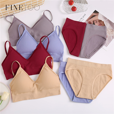 FINETOO Women Padded Bra Panties Set Soft Backless Tops Wireless Bras Set Seamless Underwear Women Lingerie Set Fitness Top S-XL ► Photo 1/6