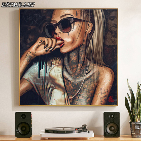 canvas painting abstract Cool Sexy Girl Tattoo Painting Wear Glasses Sex Women Posters Portrait Wall Art Pictures for Home Decor ► Photo 1/6