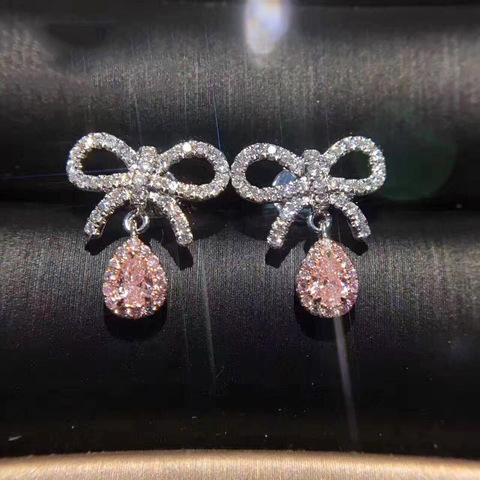 Cute Silver Color Bownot Stud Earrings with Bling Pink Yellow Zircon Stone for Women Fashion Jewelry Korean Earrings ► Photo 1/6