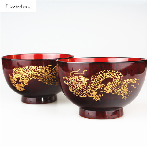 Japanese Lacquered Jujube Wooden Bowl Dark Colored Dragon and Phoenix Wooden Bowl Dinnerware Set Tableware Festival Gifts ► Photo 1/6