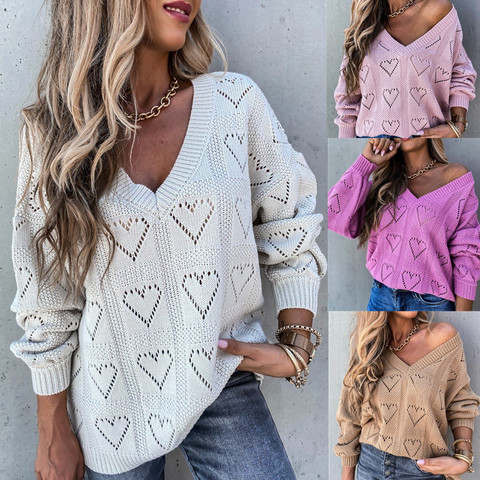 Casual Solid Color Sweater Women Jumper Pullover Tops Fashion Lady Hollow Out Heart Shape V Neck Ribbed Knitted Sweaters S-2XL ► Photo 1/6