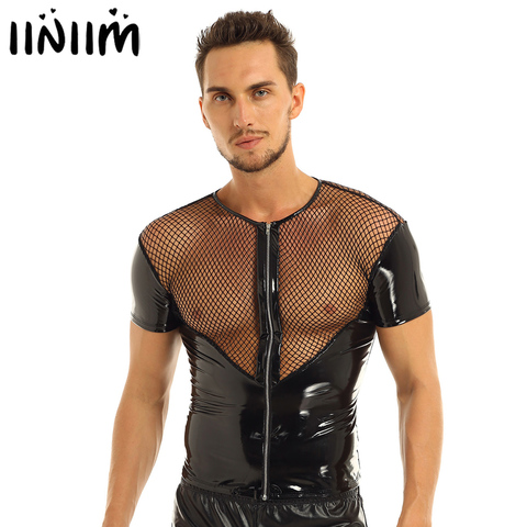 iiniim Mens Wetlook Punk Clubwear Patent Leather Fishnet Splice Short Sleeve Shirt Tops Clubwear Stage Night Costumes T-shirt ► Photo 1/6