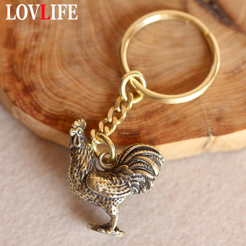 Handmade Brass Rooster Keychains Copper Chinese Zodiac Chicken Bag Hanging Pendant Car Key Rings Gifts ► Photo 1/6