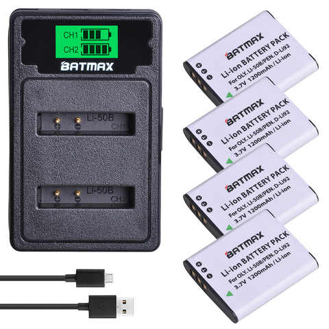 Batmax Li-50B Li50B Battery +LCD Dual Charger with Type C Port for Olympus u6010 u6020 for Pentax XZ-1 SP-800UZ D-Li92 DLi92 ► Photo 1/6