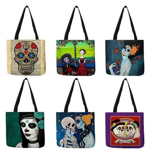 Tattooed Day of Dead Sugar Skull Printed Women's Shoulder Bag Handbag Reusable Shopping Tote Bags Large Capacity B13126 ► Photo 1/6