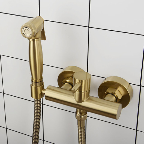 Brushed Gold Brass Bathroom Bidet Faucet Wall Mounted Hot Cold Water Mixer Bidet Sprayer ► Photo 1/6
