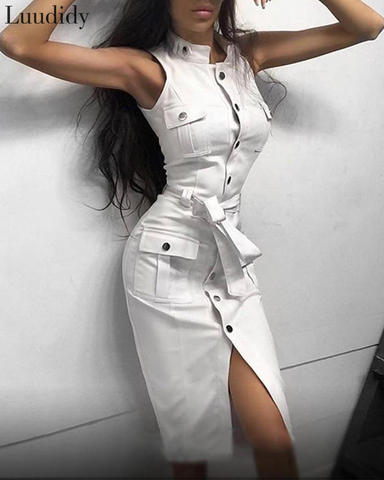 Women Office Dress Button Design Belt Dress Elegant Fashion Summer Dress ► Photo 1/3