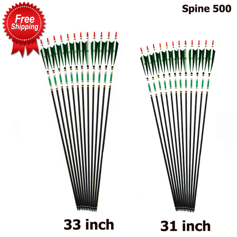 31/33 inch Carbon Arrow Spine 500 OD 7.6mm ID 6.2mm Green Color Real Feather for Recurve Bow Archery Hunting Shooting ► Photo 1/6