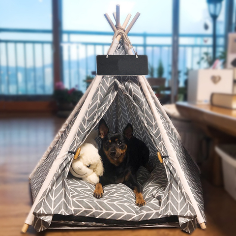 Pet Teepee Dog & Cat Bed White Canvas Dog Cute House - Portable Washable Dog Tents for Dog(Puppy) & Cat Pet (with Cushion) ► Photo 1/6